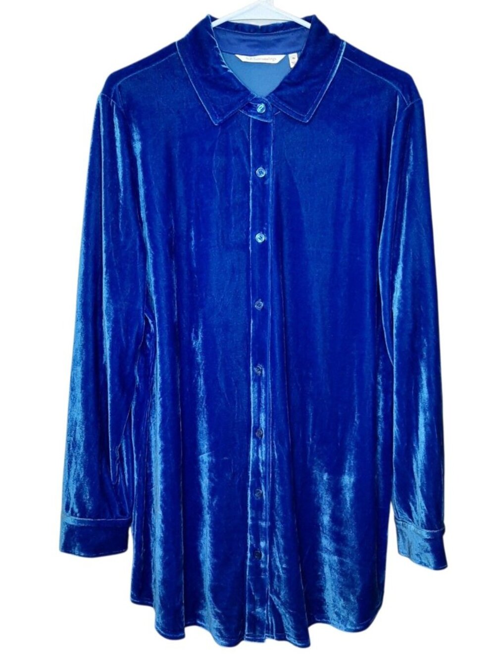 Soft Surroundings Blouse Royal Blue Women Sz XL Velvet Boyfriend Tunic Button Up